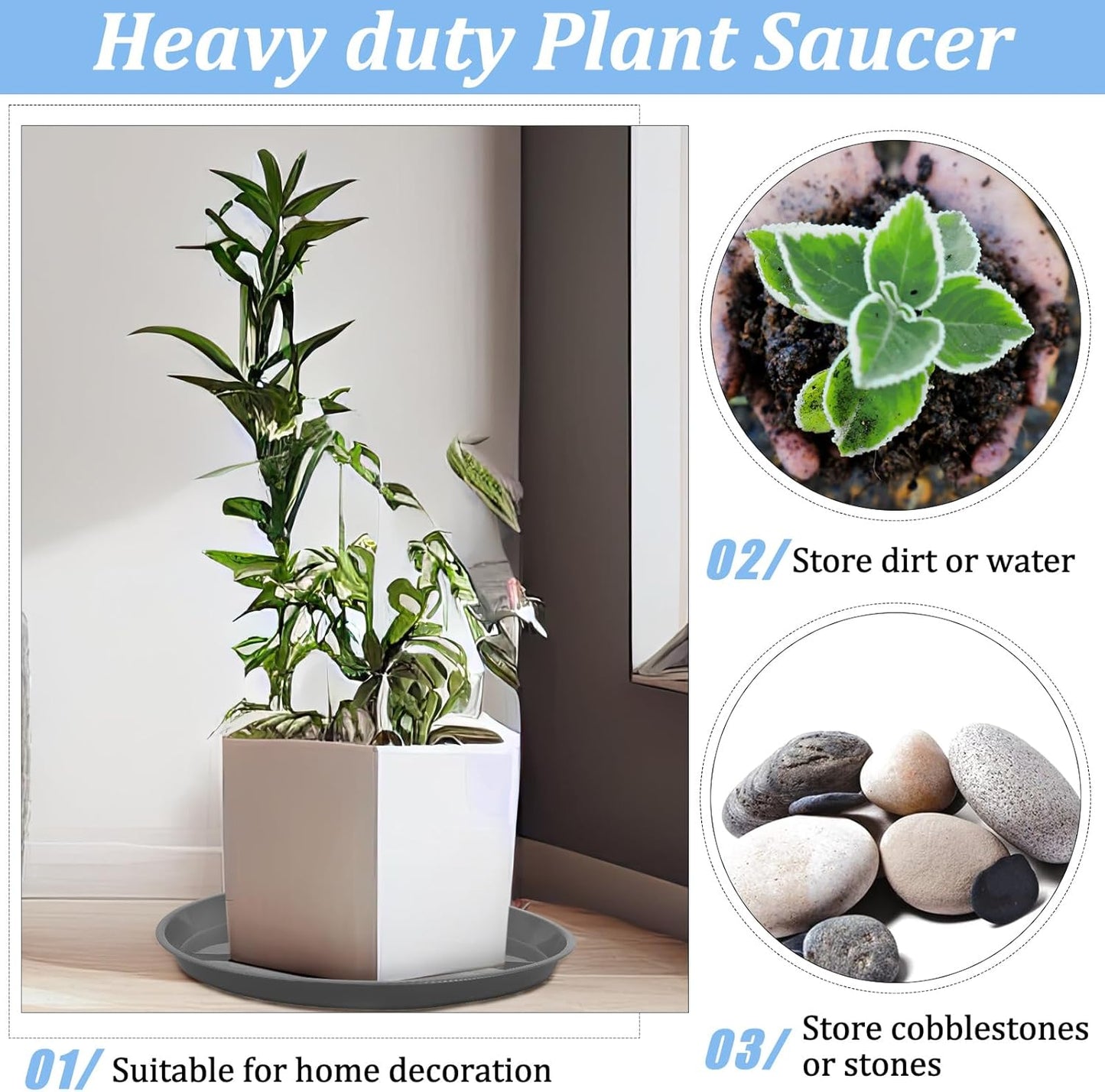 Eccliy 6 Pack Plastic Plant Saucer Heavy Duty Planter Saucers Large Plant Pot Saucers Plastic Water Trays for Indoors and Outdoors Flower Plant Plant Drip (Gray,20 Inch)