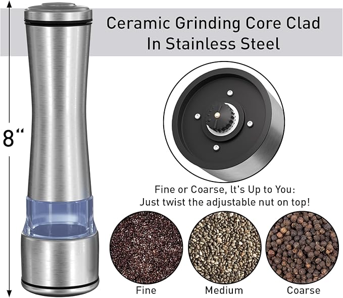 Two sets of salt and pepper grinders - large capacity stainless steel pepper grinder - manual grinder with adjustable roughness
