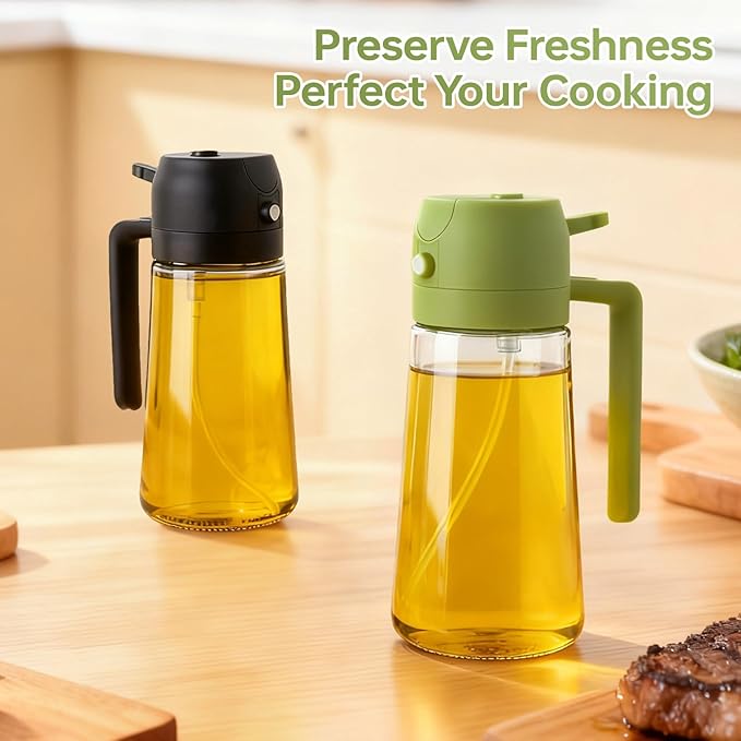 2Pack Glass Oil Sprayer for Cooking 16oz/470ml, Kitchen Gadget for Air Fryer, Salad, BBQ, Frying（Black+Green）