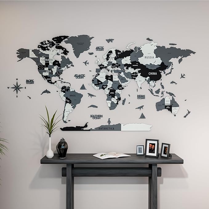 Colorfull Worlds 3D Wooden World Map Wall Art | Unique Wall Decor with Pins for Travel Enthusiasts | Home and Office Wall Décor | Grey | XXLarge