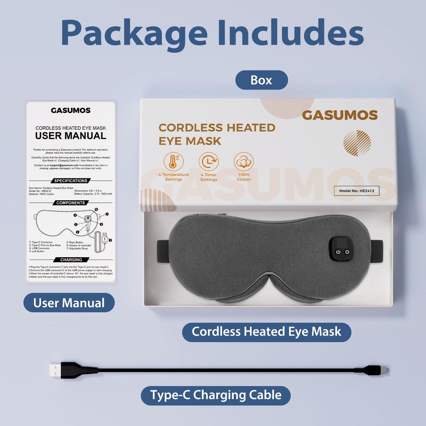 Gasumos Heated Eye Mask, Warm Eye Compress for Dry Eyes Blepharitis Styes, 4 Temperature Modes 4-Level Timing Cordless Eye Heating Pad, 100% Cotton Cover, Travel(Dark Grey)