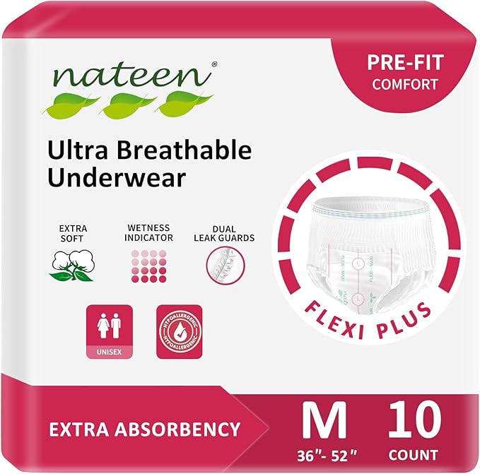 Nateen Flex Plus Adult Incontinence Underwear for Women and Men，Extra Absorbency Adult Pull Ups,Soft Cloth-Like Adult Diapers, Medium, 10 Count