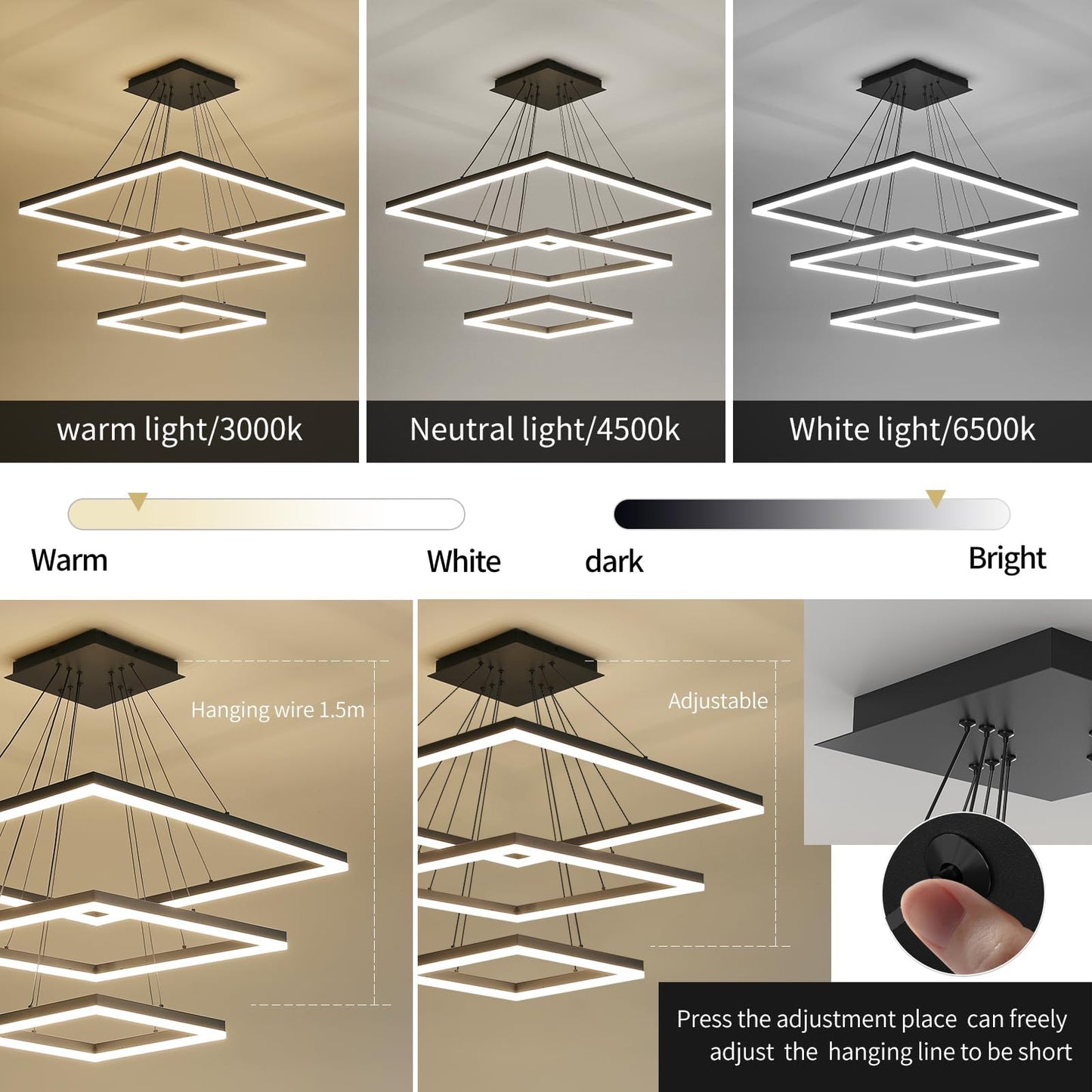 Matven Ceiling Chandelier, Remote Control, Dimmable 3 Color Modes, 15.7+23.6+31.4in, Black, Aluminum Pendant Light Fixture