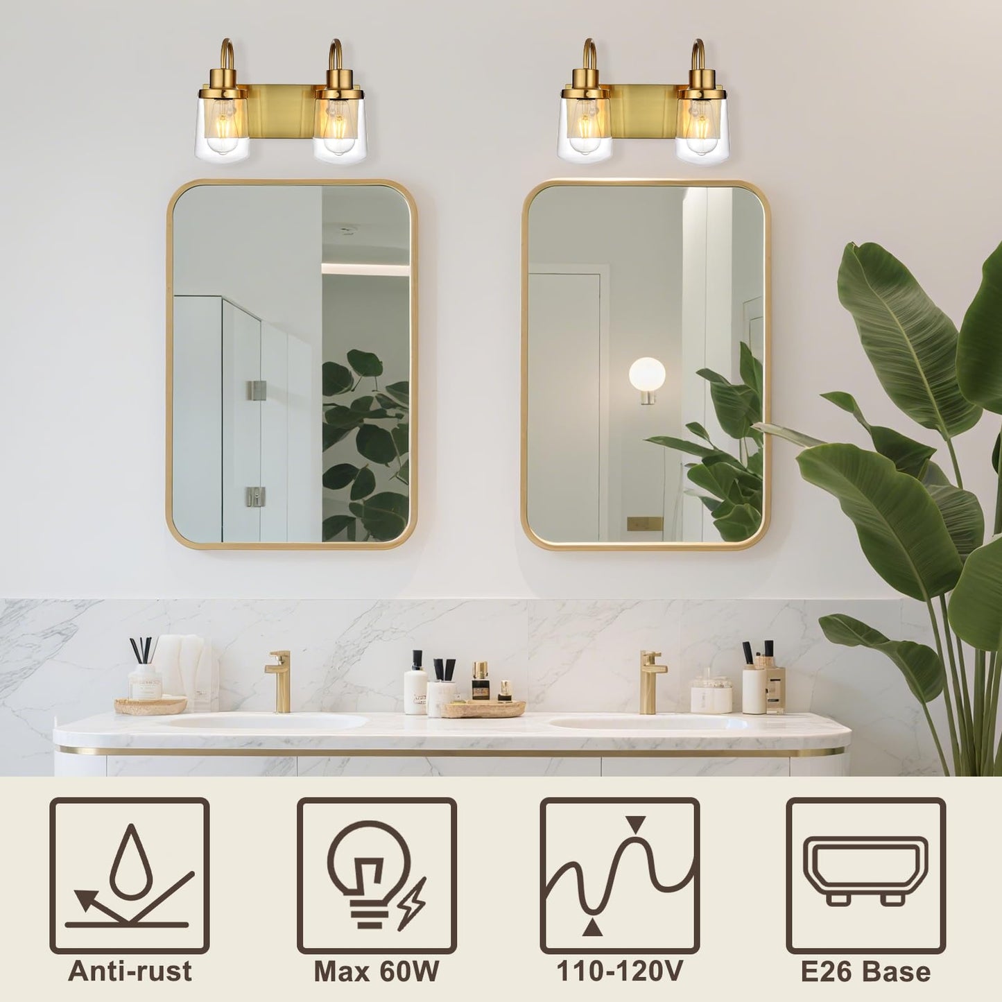 Yaohong 2-Light Vintage Gold Bathroom Light Fixtures, Industrial Wall Sconce with Clear Glass Shade, Model AT9064WL2-YB