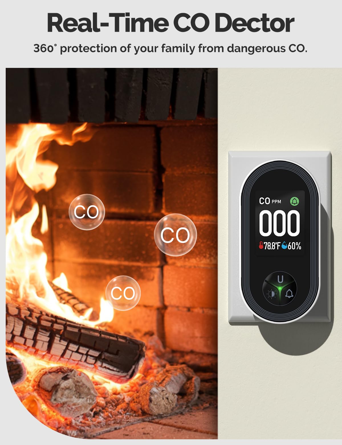 3IN1 Carbon Monoxide Detector Combination Plug in, CO Monitor with Temperature Humidity Sensor Built-in, Alarm Sound Warning for Kitchen/Garage/Fireplace/RV, 2Pack