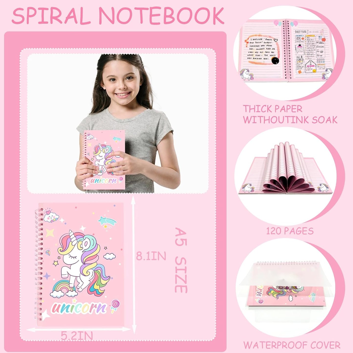 Unicorn cute School Supplies Kawaii Stationery Present Set , Including Ballpoint Pens, Pencil Case, ID Badge Holder, Stickers, Key Chain, A5 Notebook, Bookmark, Eraser, Ruler for Girls Teens