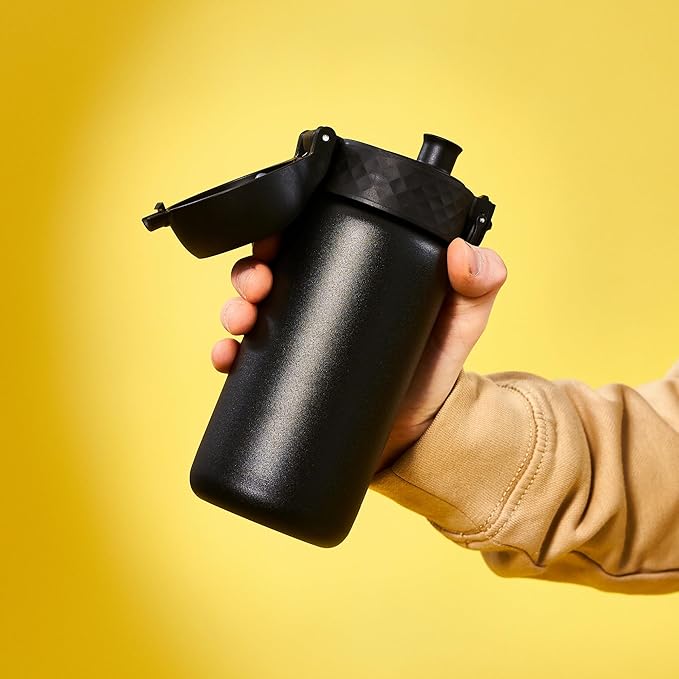 Ion8 Kids Water Bottle, Steel 400 ml/13 oz, Leak Proof, Easy to Open, Secure Lock, Dishwasher Safe, Hygienic Flip Cover, Carry Handle, Easy Clean, Durable, Scratch Resistant, Carbon Neutral, Black