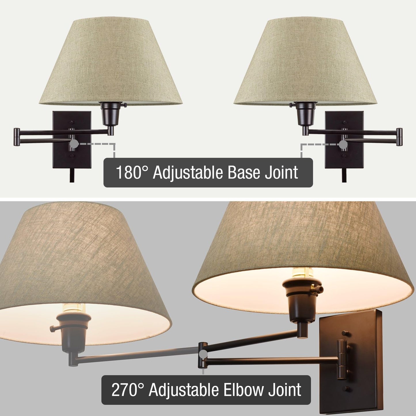 Kira Home 15 Swing Arm Wall Lamp - Black Finish, 150W 3-Way, Latte Mocha Shade, Plug-In/Wall Mount, 2-Pack, Model Rv-W227