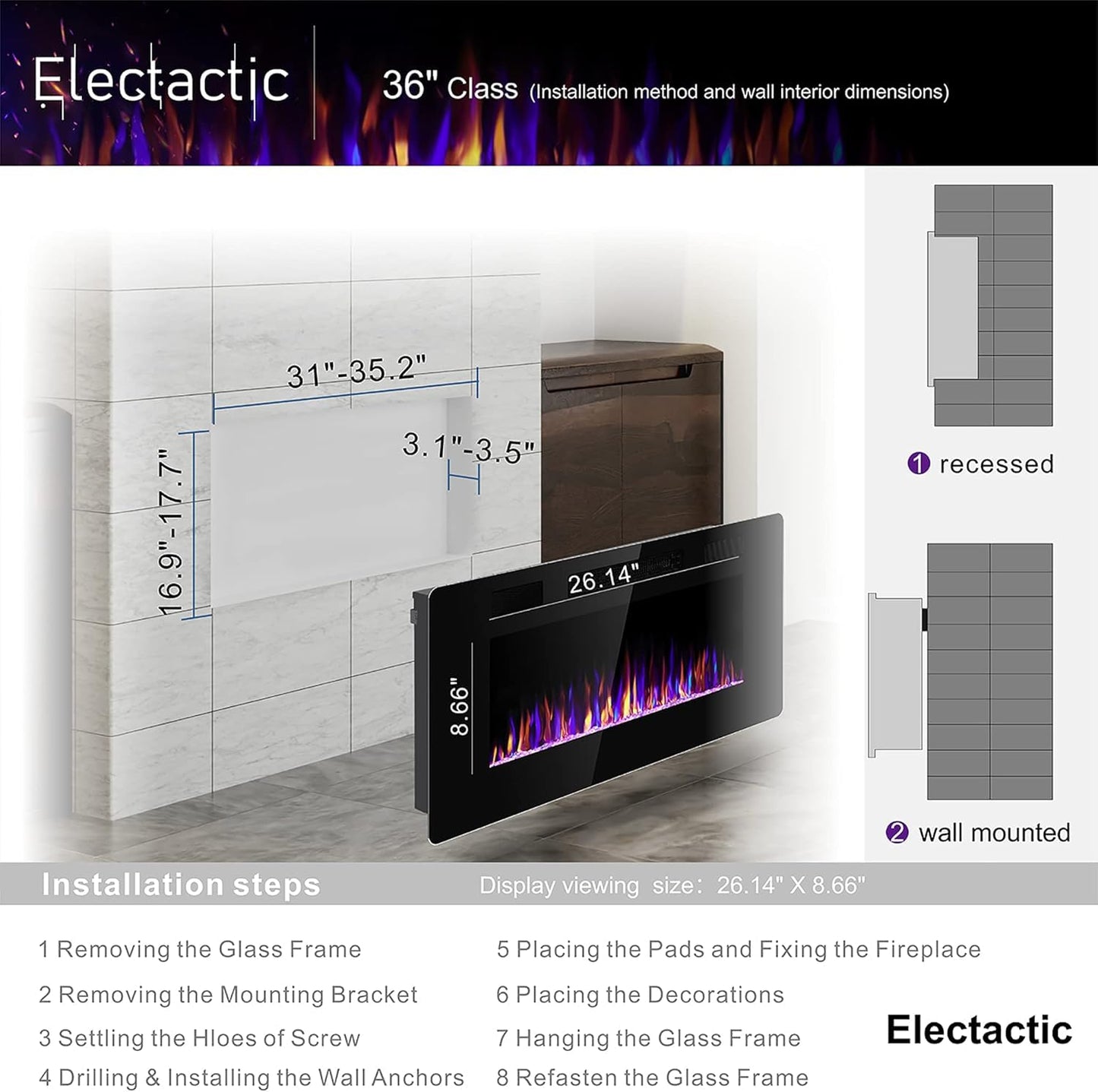 Electactic 36 Inch Electric Fireplace Insert Ultra-Thin - Recessed & Wall-Mounted Fireplace Heater With Thermostat, Adjustable F