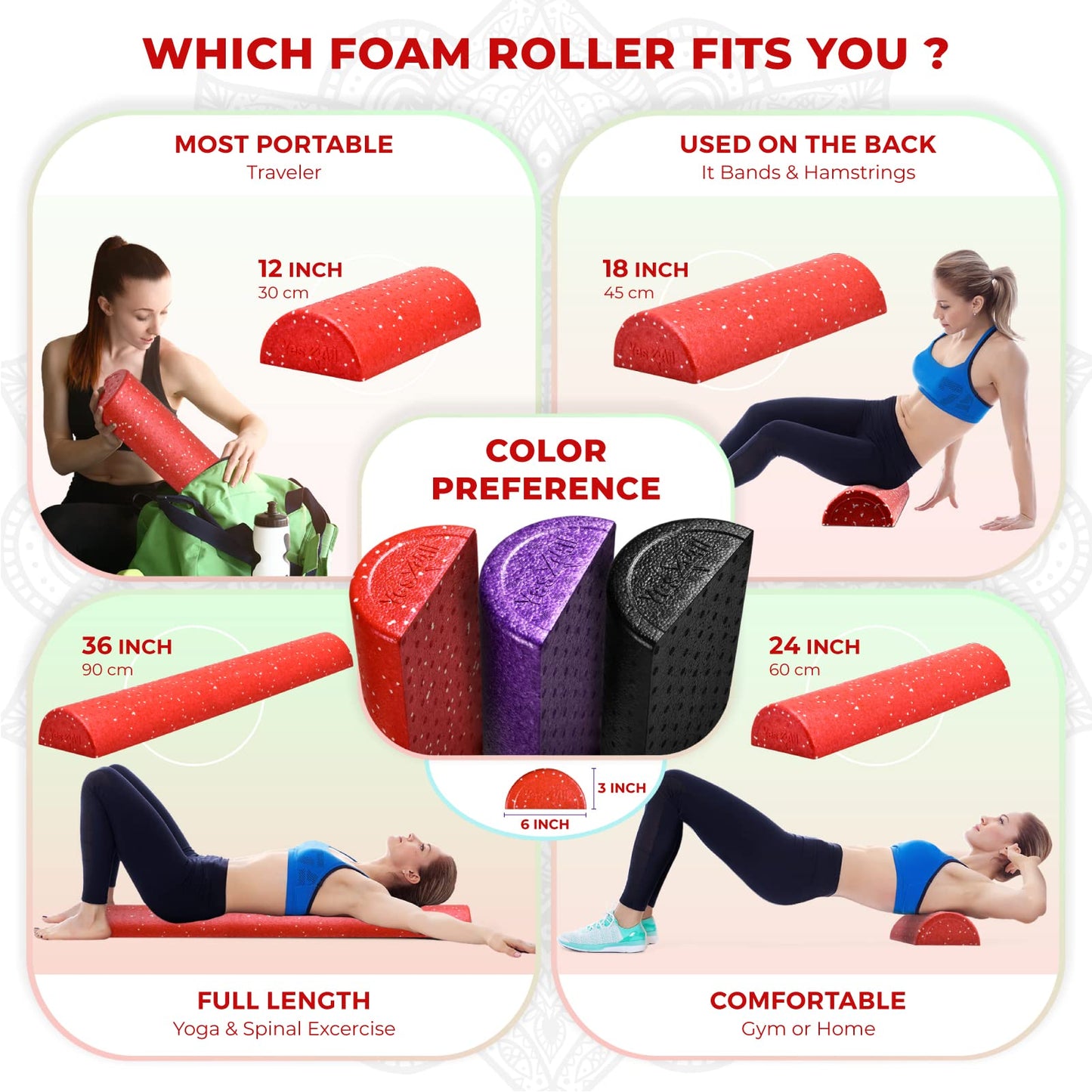 Yes4All Half Roller EPP - Red Snow, 12 inches, Extra Firm Muscle Therapy Foam Roller