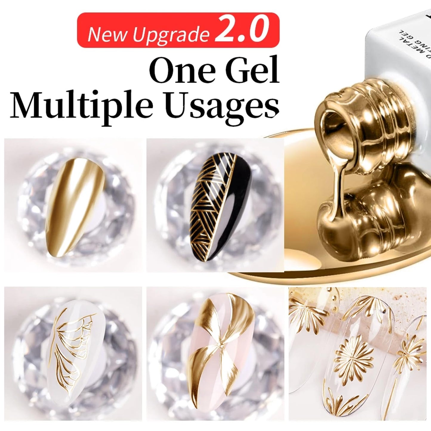 NAILKISS Metallic Mirror Painting Liner Gel Polish, Gold Metal Painted Drawing Gel with Build in Thin Brush, Mirror Chrome Gel P