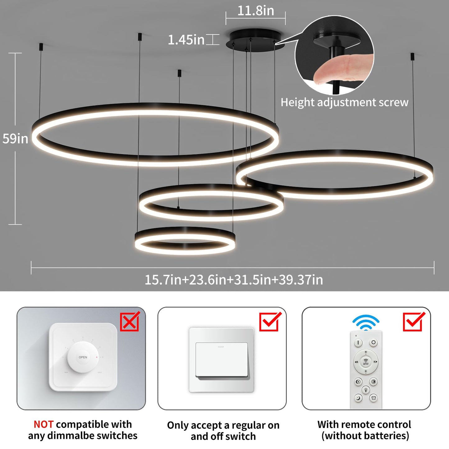 Mikeru Modern LED Chandelier Light, Adjustable 3000K-6500K, 15.7-39.5IN, Aluminum, Black, Model NXF-BGZDD