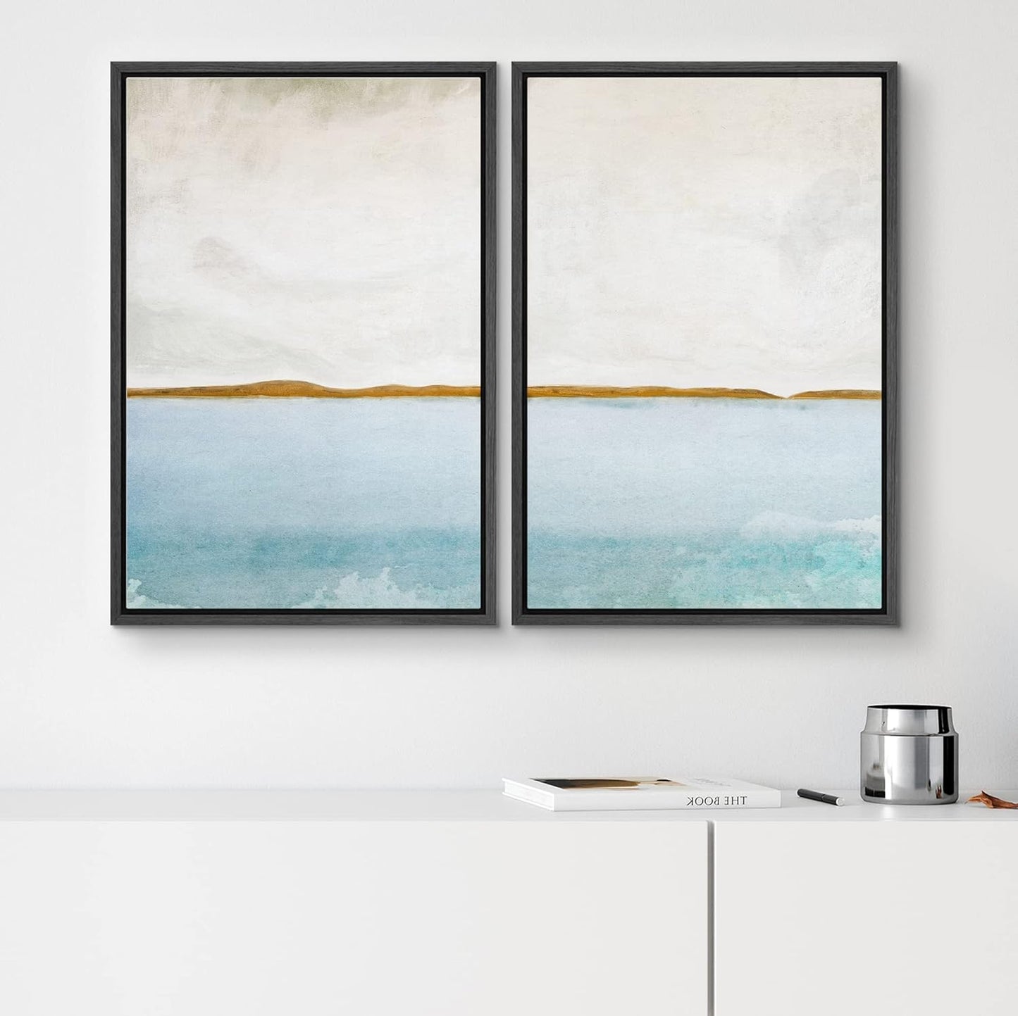 SIGNWIN Framed Canvas Print Wall Art Set Gold Blue Ocean Sea Beach Landscape Nature Wilderness Illustrations Modern Art Decorative Rustic Chic for Living Room, Bedroom, Office - 24"x36"x2 Black