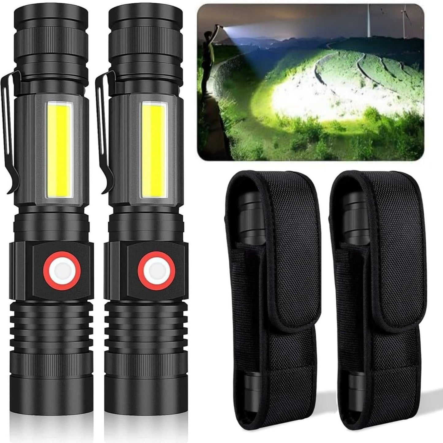 iToncs USB Rechargeable Flashlight, High Lumens, Waterproof, 4 Modes, 2 Pack, Aluminum, Tactical Flashlights with Holsters