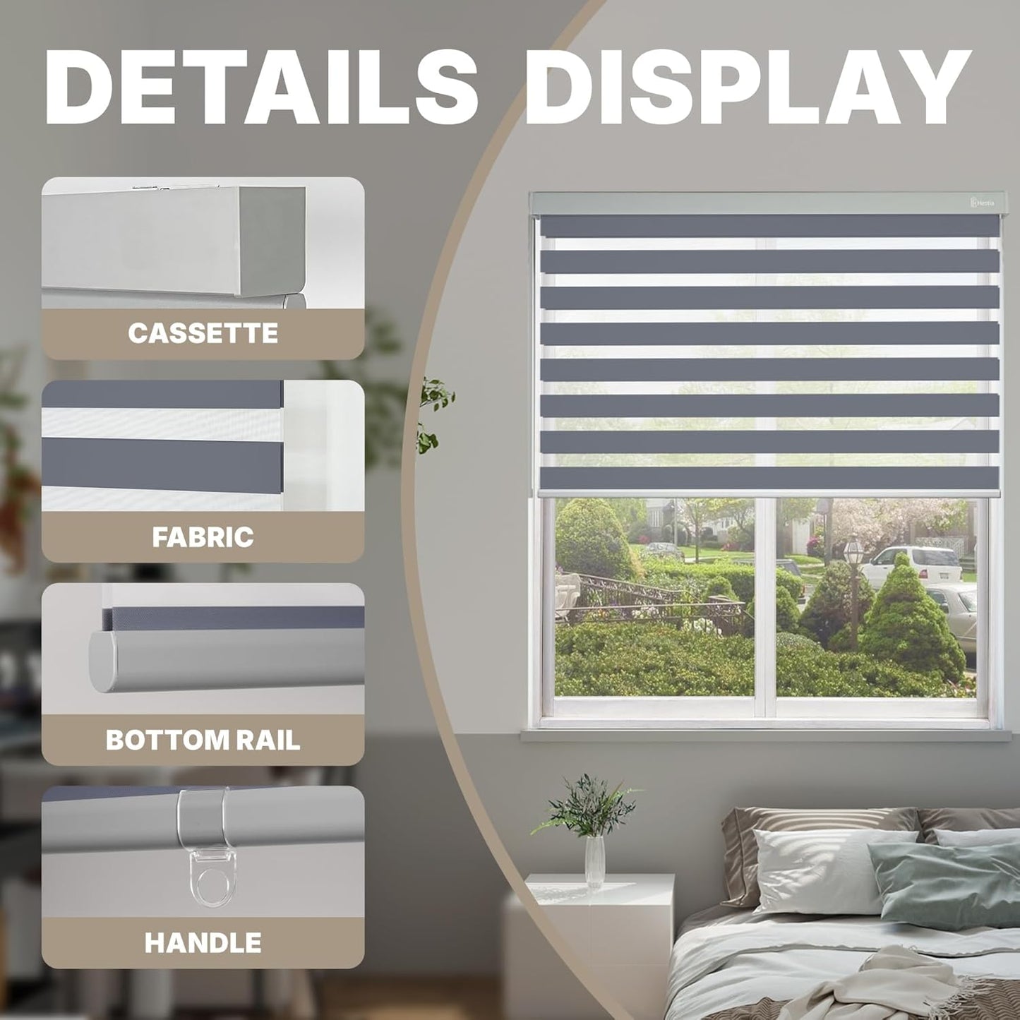 HESTIA Cordless Zebra Blinds Light Filtering Roller Shades UV Blocking Blackout Privacy Indoor Window Blind for Home Office Day and Night, Blue Grey,28" W x 60" H