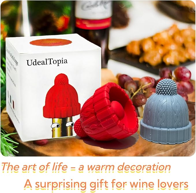 Silicone Wine Bottle Stopper, Reusable Wine Saver to Keep Wine Sealed/Fresh, Fun Wine Stoppers with Knitted Hat Design, Great Choices for Wine Lovers - Standard Bottles Are Applicable(Red)