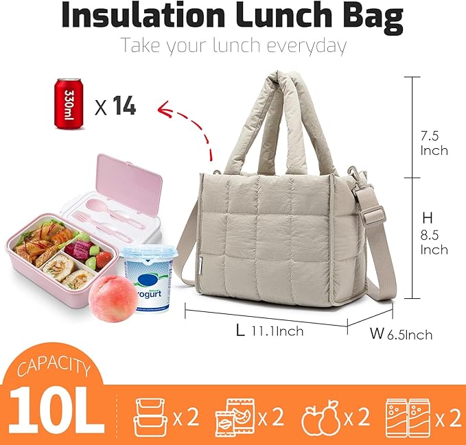 NOL Natural Organic Lifestyle Women's Nylon Lunch Cooler Quilted Tote Bag Puffy Insulated Lunch Bag for Women, Lightweight Waterproof Lunch Box for Work, Picnic, Outdoors,Khaki