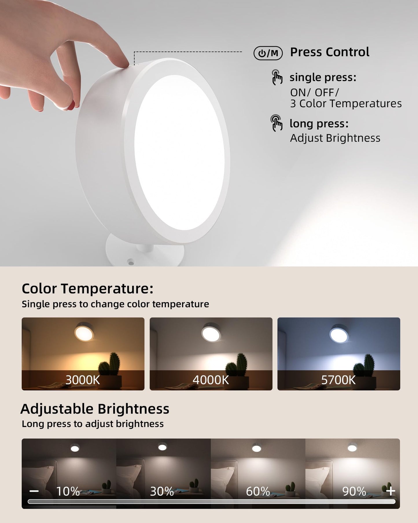 EZVALO LED Wall Mounted Light, 3 Color Temps, Remote Control, 5500mAh, Dimmable, 360? Rotation, White, Model EZL2404A,