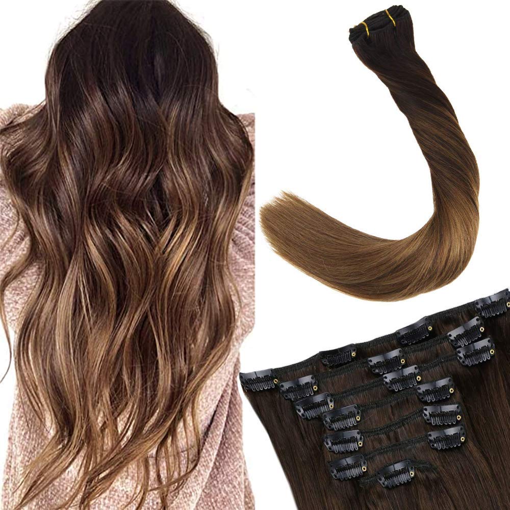 LaaVoo Clip in Hair Extensions Real Human Hair Darkest Brown Balayage Chestnut Brown Mix Ash Blonde Balayage Human Clip in Exten