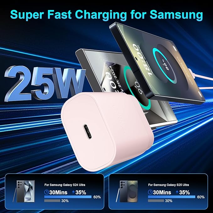 Super Fast Charger Type C, 25W USB C Wall Charger Fast Charging for Samsung Galaxy S25 Ultra/S25/S25+/S24+/S24 Ultra/S24/S24+/S23 Ultra/S22 Ultra/S21 Ultra with 12FT Long Type C Charger Cable 2Pack
