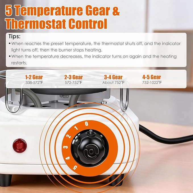 Electric Charcoal Burner Stove, 500W Hookah Single Coil Hot Plate Starter with Grill Tongs, 5-Level Temp, Smart Heat Control & Stainless Steel Fast Heating for Cooking top Countertop(Black)