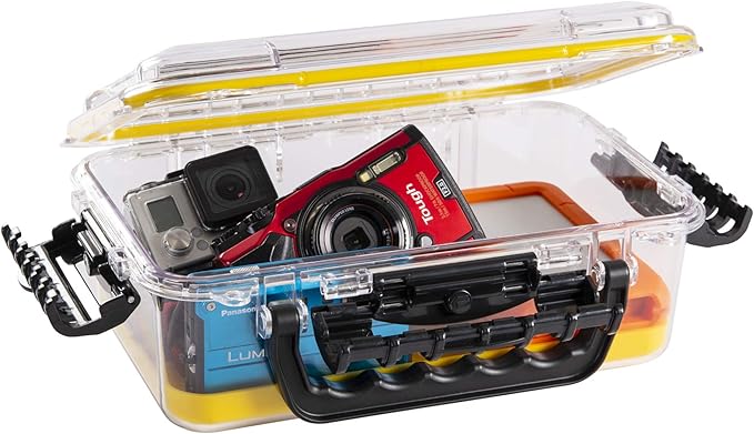 Plano Guide Series 3700 Field Box Waterproof Case, Blue, Large, Waterproof Dry Box with Wrist Strap for Boat, Kayak, and Camping, Outdoor Gear Storage, Clear/yellow & 3640 Waterproof Stowaway
