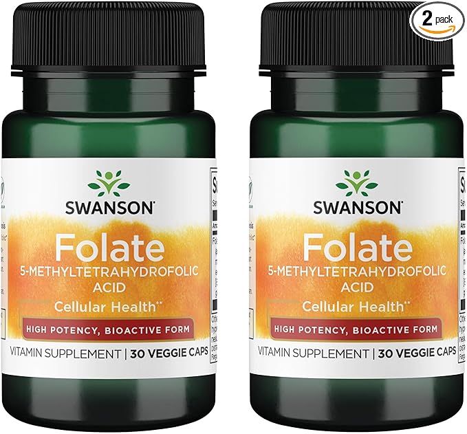 Swanson Folate 5-Methyltetrahydrofolic Acid - High Potency, Bioactive Form 800 mcg Dfe 30 Veg Caps (2 Pack)