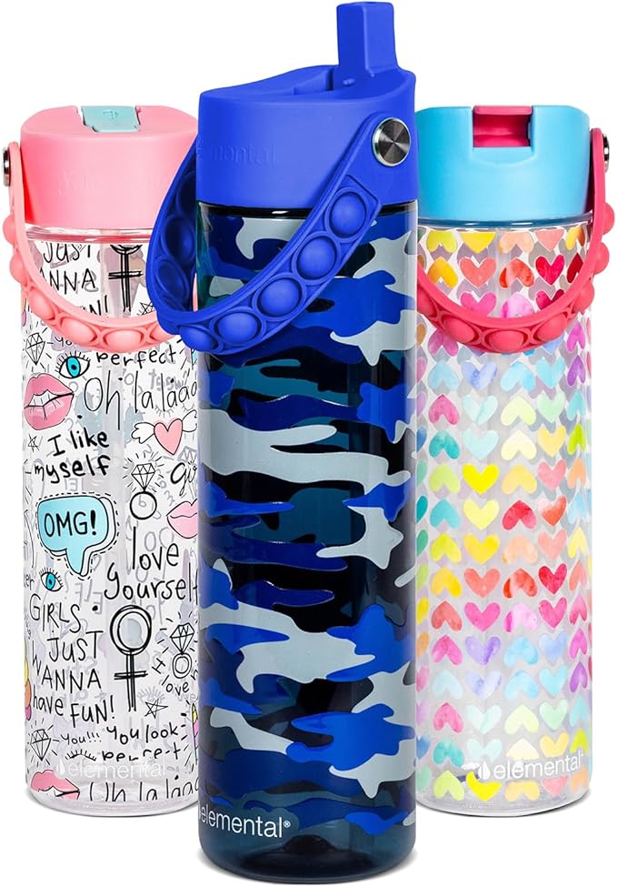 Elemental Splash Water Bottle with Straw - BPA-Free Tritan Plastic Reusable Water Bottle with Pop It Strap - Ideal for Travel, Gym and Sports - Leak Proof when Spout is Closed - 26oz - Blue Camo