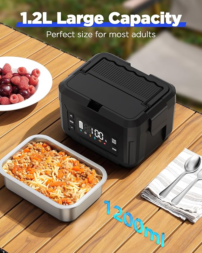 Cordless Electric Lunch Box for Adults – 1.2L Stainless Steel Self-Heating Lunch Box with 20000mAh Removable Rechargeable Battery, Portable Heated Food Warmer for Work, Travel & Office(black