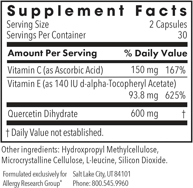 Allergy Research Group Quercetin 300 Dietary Supplement - Immune Support, Stabilized with Antioxidants, Bioflavonoid, Mast Cell, Hypoallergenic, Delayed-Release, Vegetarian Capsules - 60 Count