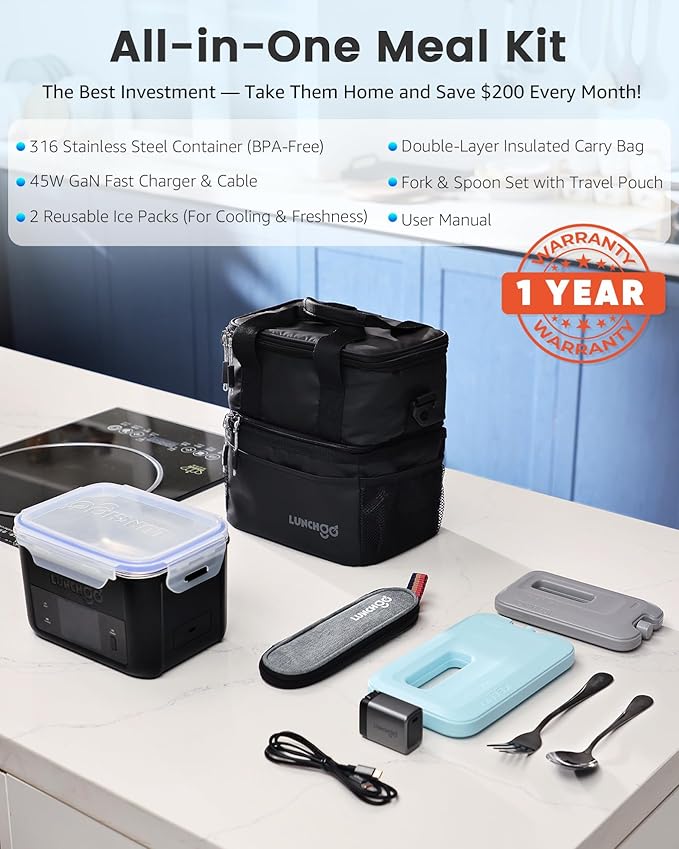 LUNCHGO® G1 Smart Electric Heated Lunch Box – Cordless, 5 Cups Capacity, 74 Wh Battery Powered, 250°F Max, Scheduled Heating, Perfect for Outdoor Work, On-The-Go Meals, 1-Year Warranty (Carbon Black)