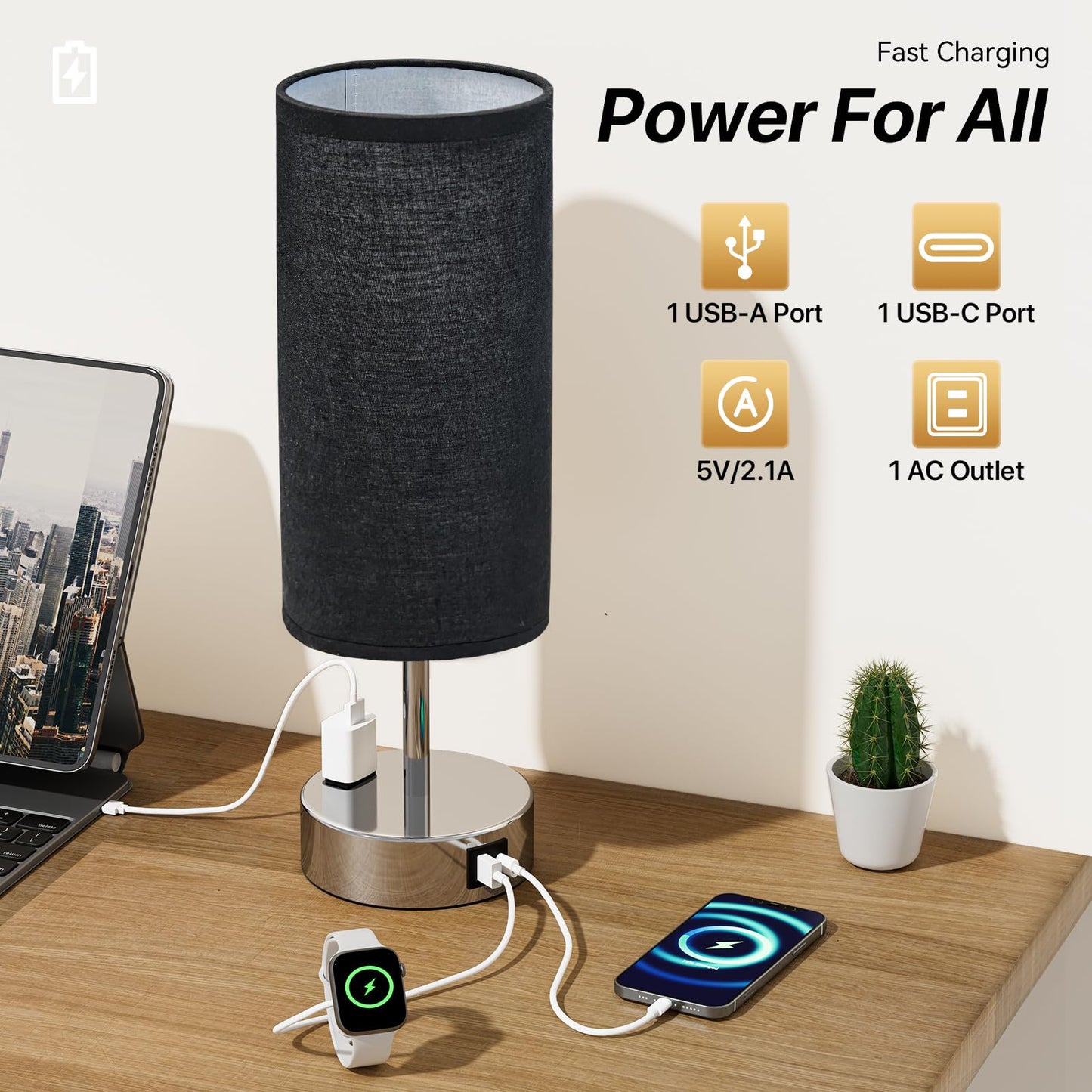 KPQ Touch Control Table Lamp with USB Ports, 3-Way Dimmable, 14in Small Size, Black Shade-Silver Base