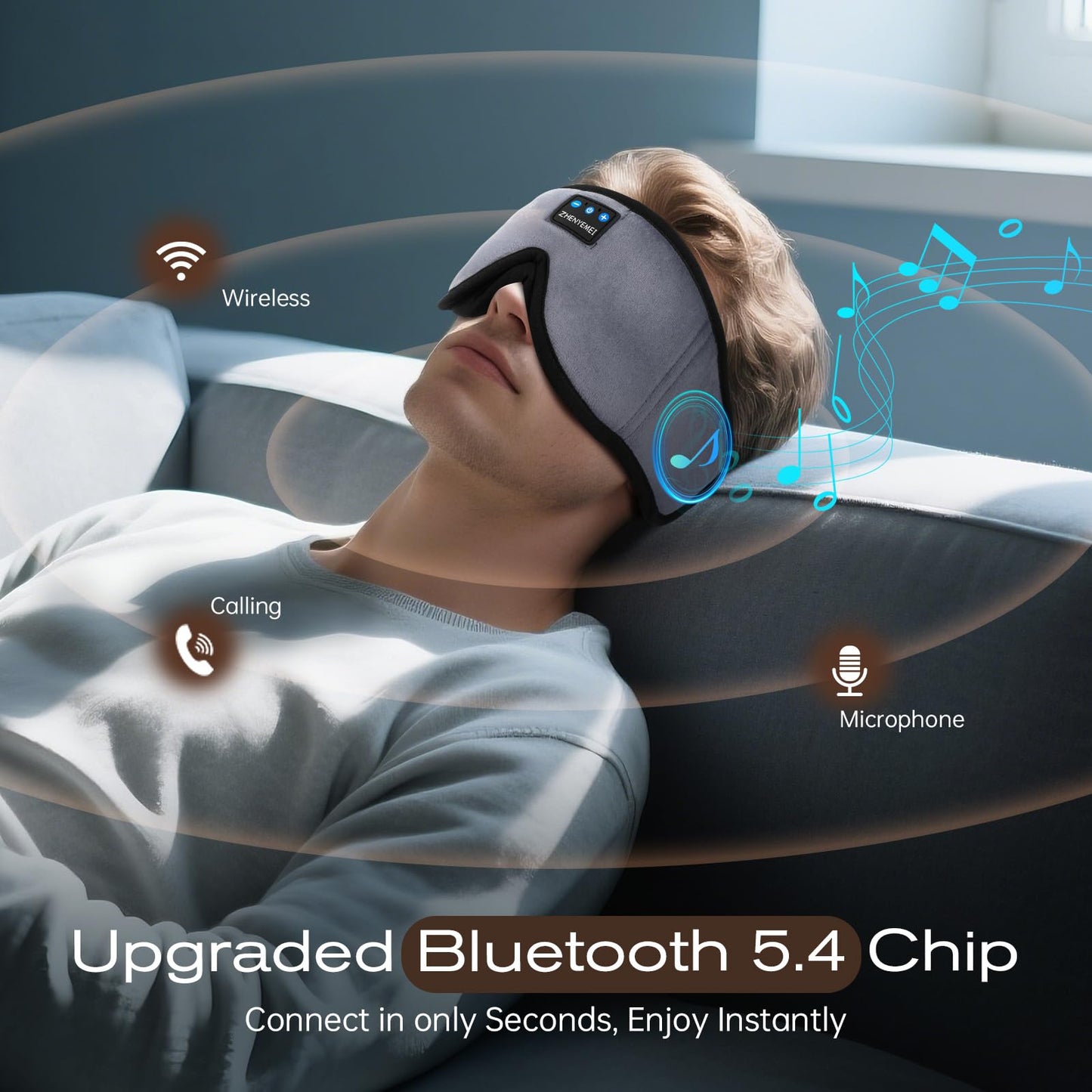 ZHENYEMEI 3D Sleep Mask with Bluetooth Headphones, Sleeping Headphones for Side Sleepers, Wireless Music Eye Mask with Ultra-Thin Stereo Speakers for Men, Women, Tech Gifts, Grey