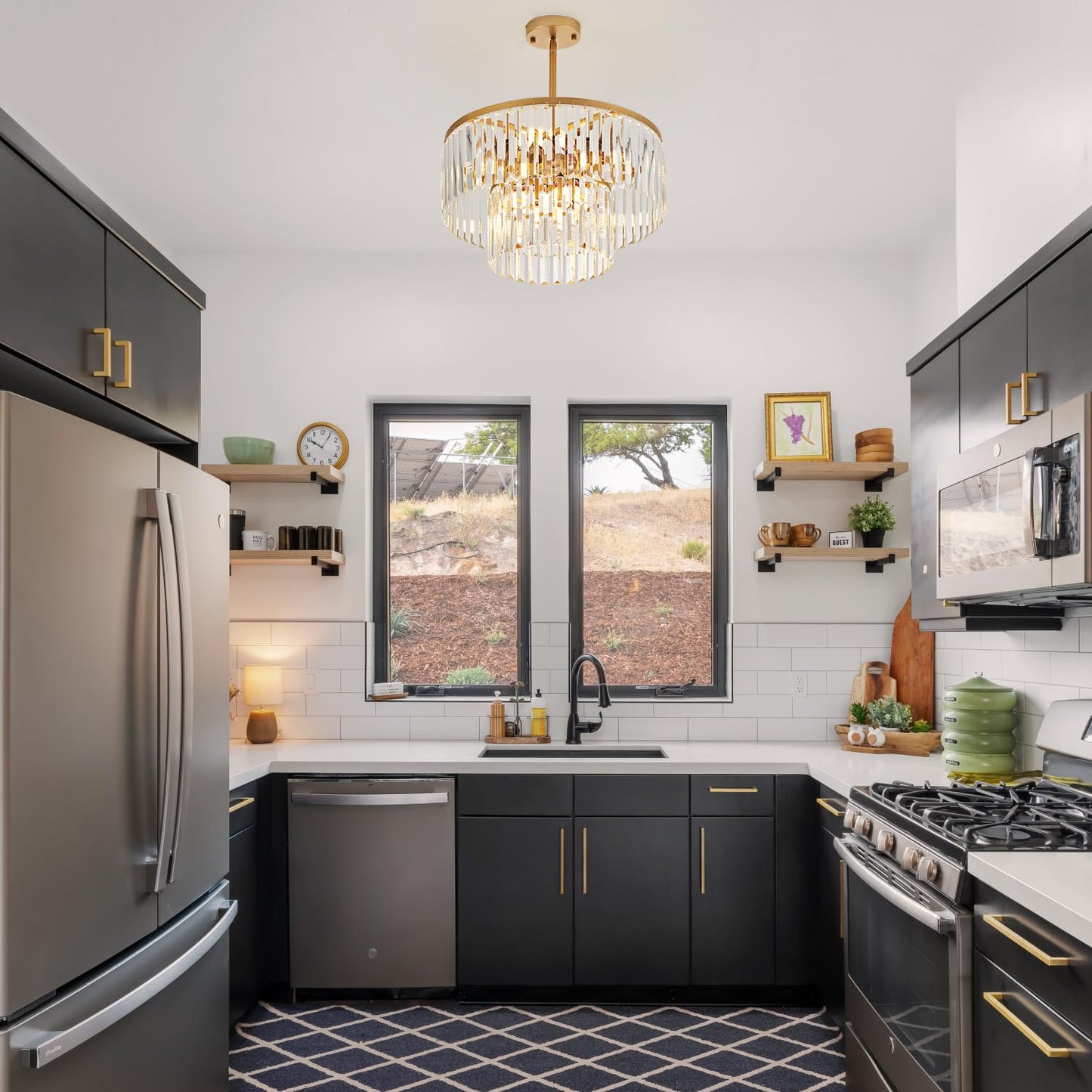 Lighceac 17.7 Gold Semi Flush Mount 2-Tier Crystal Ceiling Light Fixtures For Dining Room Modern Industrial 8-Light Chandeliers Lighting For Bedroom Entryway Hallway Kitchen Island Living Room Foyer