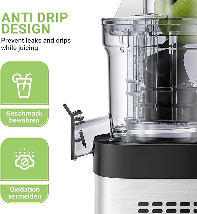 AMZCHEF Cold Press Juicer, Juicers Machines - 3.2" Large Feed Chute for Whole Fruits & Vegetables, Stainless Steel Slow Masticating Juice Easy to Clean, Large Auger, Double Strainers