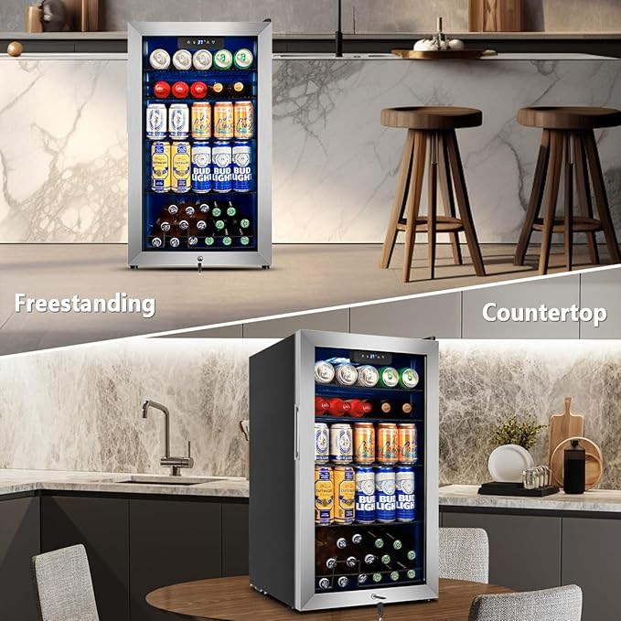 Tylza 130 Cans Beverage Refrigerator Cooler, 3.22 Cu.Ft Beverage Cooler with Low-E Glass Door, Safety Lock, Beverage Fridge for Soda, Beer, Wine, Mini Fridge for Home, Office, Bar, Bedroom, Silver