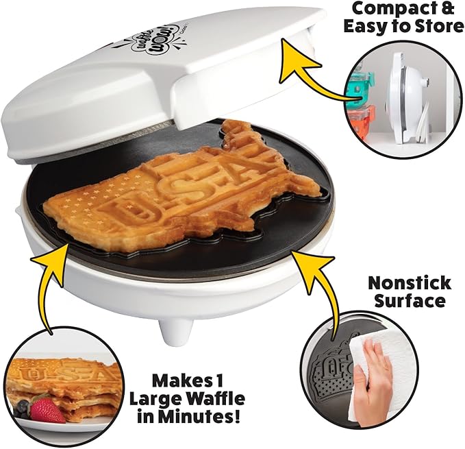 Great American USA Waffle Maker- Giant 7.5" Patriotic Waffles or Pancakes - Electric Nonstick Waffler Iron - America Spirit Party, Breakfast Griddle Baker Supplies with Recipe Guide- Novelty Xmas Gift