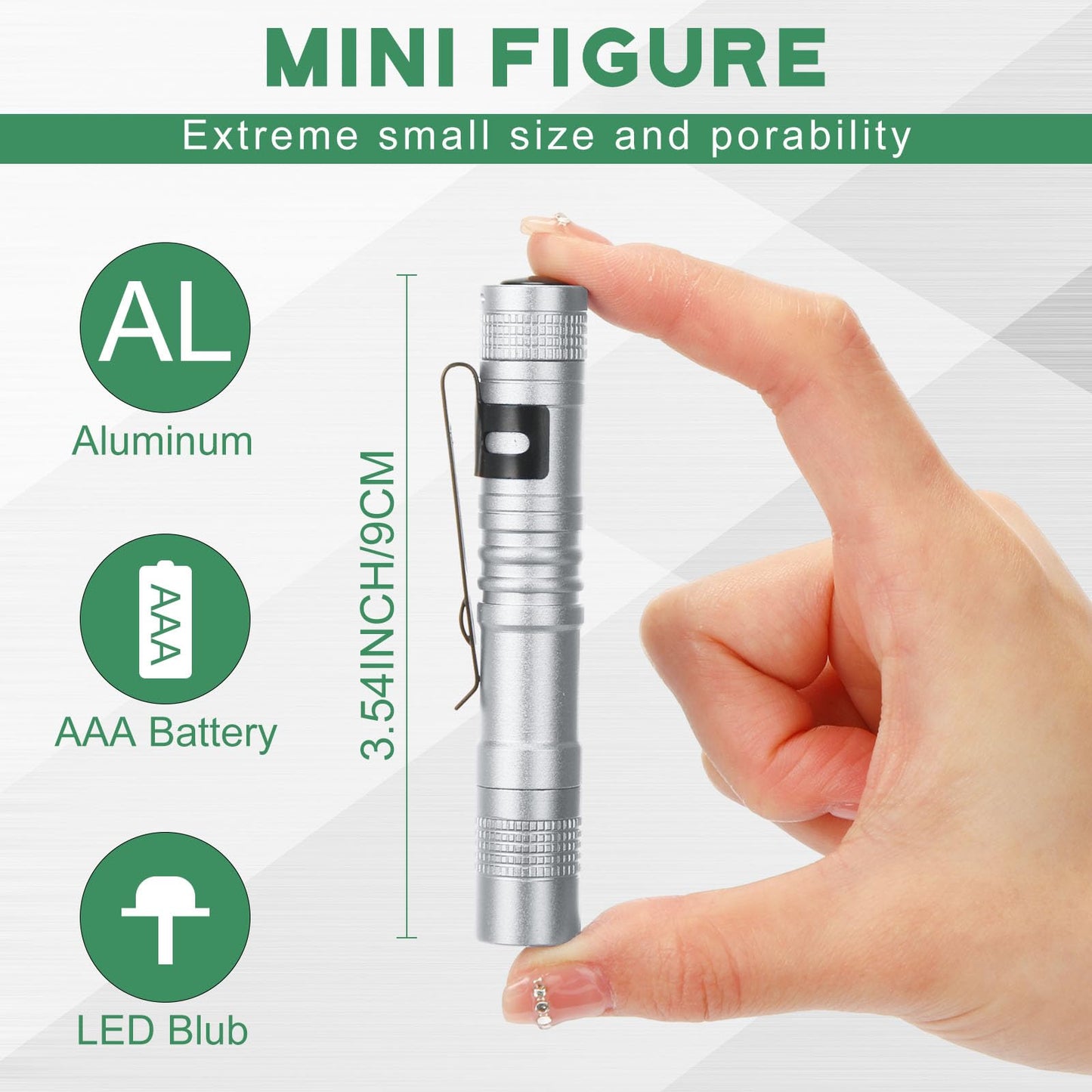 Hortsun Mini Pen Light Flashlights, 3.54 Inch, 20 Pcs, LED Pocket Torches, Color Options: Black, Green, Brown, Silver White, Gray