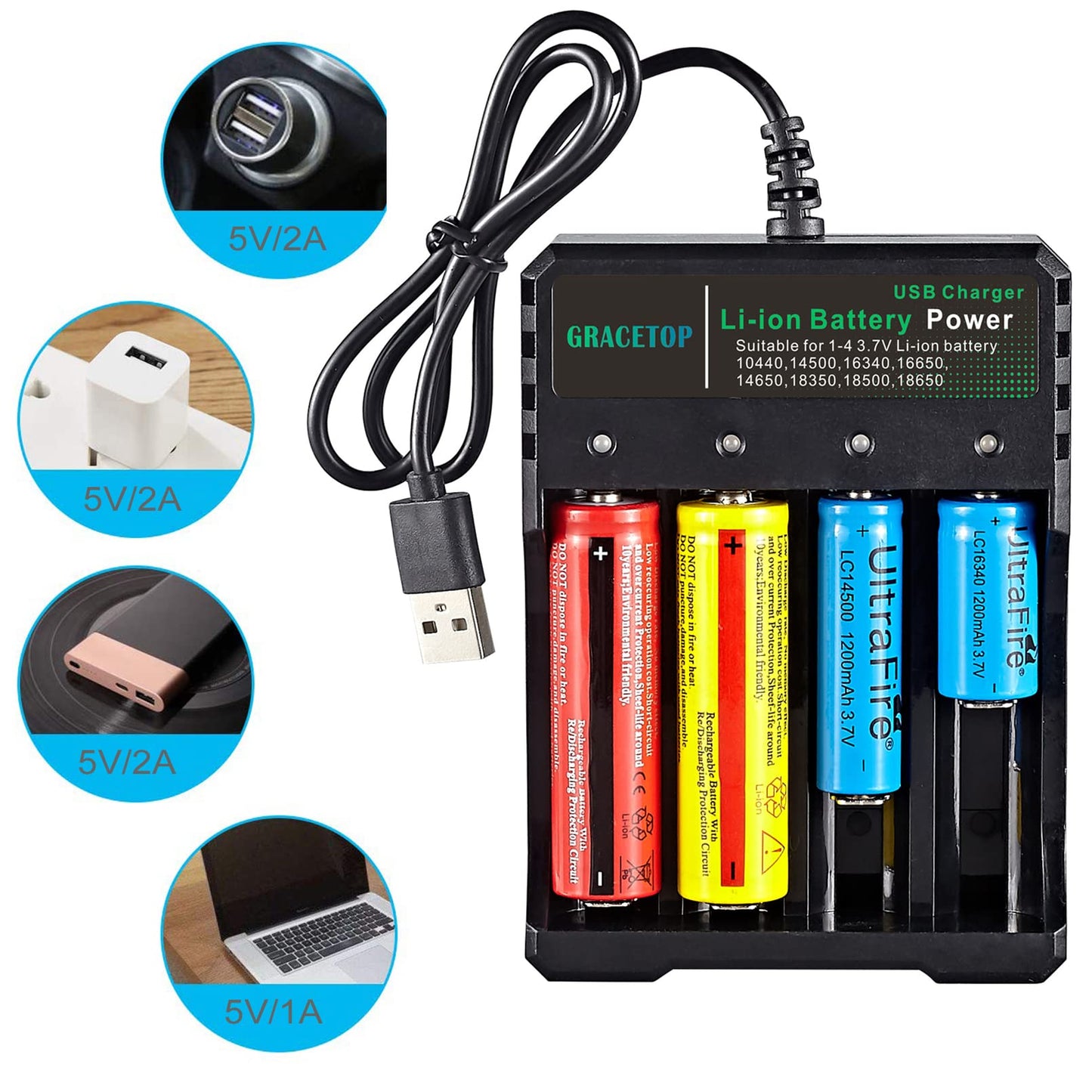 18650 Battery Charger 4-Bay 5V 2A for Rechargeable Batteries 3.7V Li-ion TR IMR 18650 14500 16340(RCR123) Red/Green Display (Not Battery)