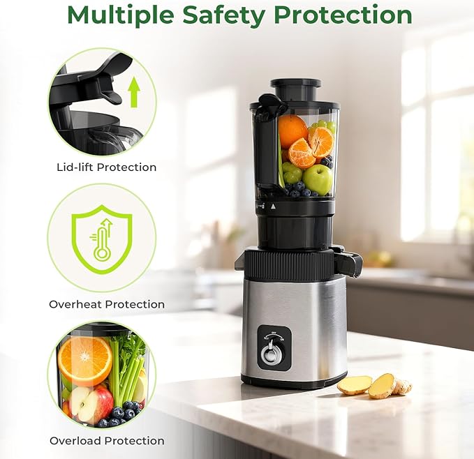 Cold Press Juicer Machine, 4.4" Wide Feed Chute, Slow Masticating Juicer for Whole Vegetables & Fruits, Easy to Clean Stainless Steel Juice Press, Dishwasher Safe, High Juice Yield