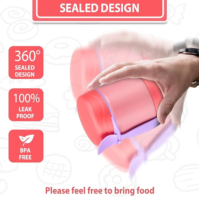 10oz Soup Thermo for Hot Food Kids, Insulated Food Jar with Spoon, Leak Proof Stainless Steel Wide Mouth Lunch Food Thermo Jar for School (Pink)