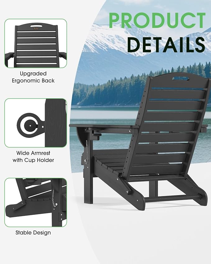 Adirondack Chairs Set of 2, Outdoor Fire Pit Chairs, HDPE All-Weather Adirondack Chairs with Cup Holder, Lawn Chair for Deck, Patio, Garden (Black)