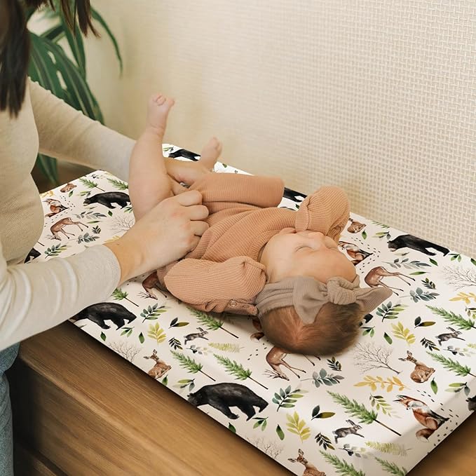 HawSkgFub Animals Pine Tree Changing Pad Cover for Baby Girl Boy, Natural Forest Bear Deer Fox Diaper Change Table Covers, Soft Stretchy Safe Snug Fitted Changing Mat Sheets Fit 32"/34" x 16"