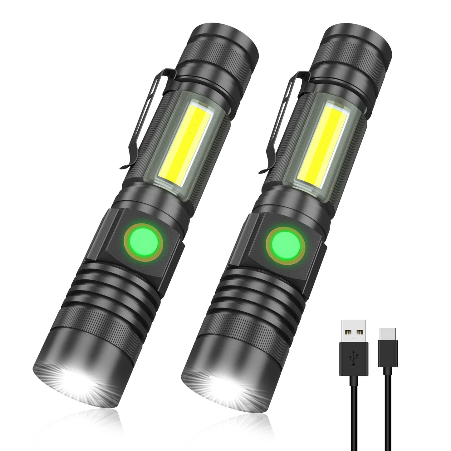 Vnina Rechargeable Tactical Flashlight - USB Magnetic, 4.7 In, Aluminum, 2 Pack, Waterproof, High Lumen, Zoomable