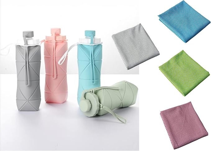 Gift for Father Day and Graduation, New Portable Silicone Collapsible Water bottle with Cooling Towel for Traveling and Outdoor Sports,600ml BPA Free Water Bottle,Summer Essentials (Green)