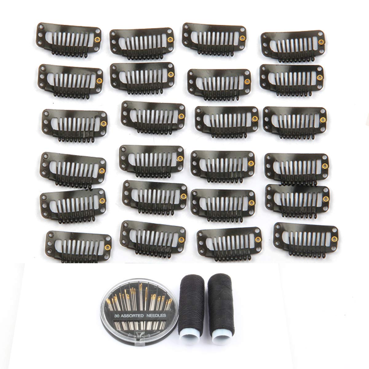 JFFX 50 Pieces Hair Extensions Clips Stainless Steel Snap Clip for Wigs 9-teeth 32mm, 2pcs Weaving Thread, 30pcs Sewing Needles