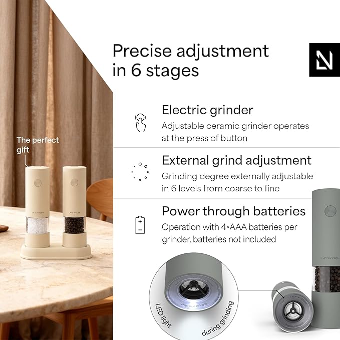 LARS NYSØM Electric Salt and Pepper Grinder Set I Automatic Salt and Pepper Mills with Adjustable Ceramic Grinder I AAA-Battery Operated Electric Spice Mill Set (Ash Gray)