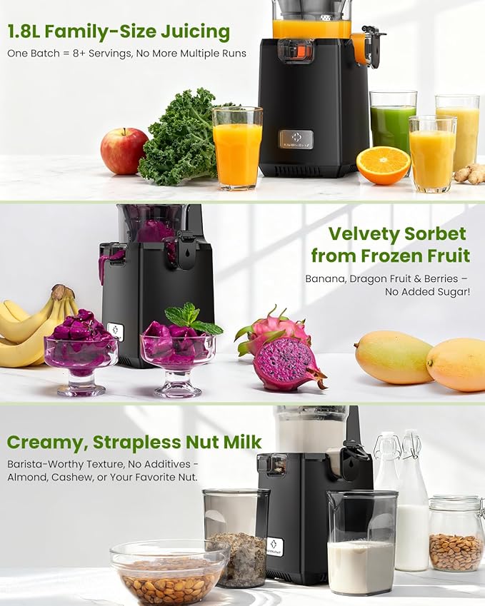 LINKChef Cold Press Juicer Machines, 130mm Diameter and 1.8L Capacity Juicers Whole Fruit and Vegetable, 250W Masticating Slow Juicer with Automatic Cutting, BPA-Free Tritan