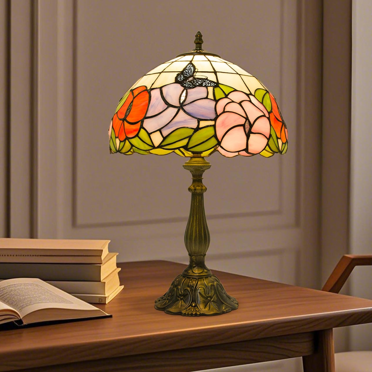 Crefotu 12 Inch Tiffany Table Lamp with Remote Control, Stepless Dimmable, Glass, Butterfly Flower, Model CFLP-0003