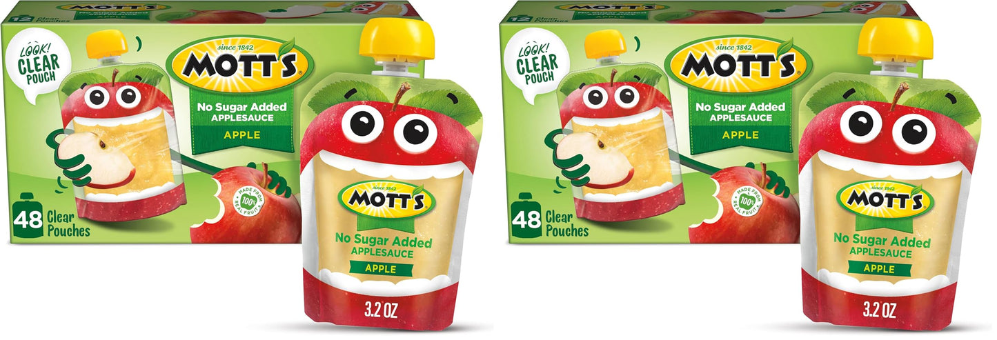 Mott s No Sugar Added Applesauce, 3.2 oz clear pouches, 12 Count (Pack of 8)